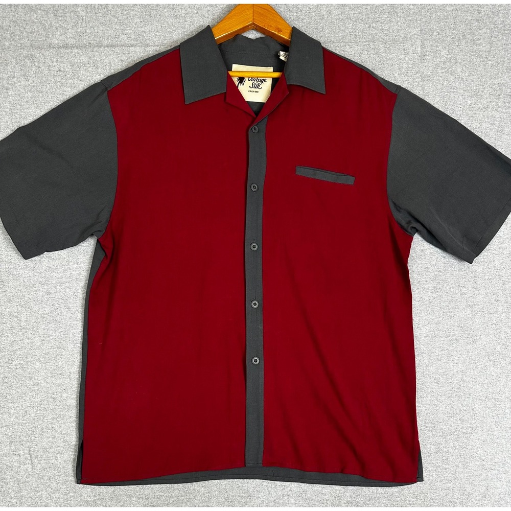 Vintage Silk Bowling Shirt Mens XL Red Gray Colorblock Short Sleeve ButtonUp
